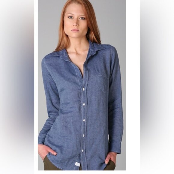 Frank & Eileen 100% Linen Shirley Button Shirt Classic Preppy Minimalist Blue M - Picture 4 of 16